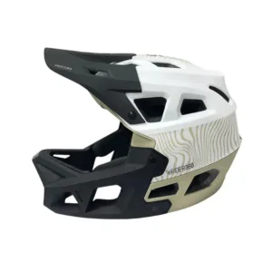 Casco INTEGRA Sport blanco y verde militar con mentonera fija, ventilación avanzada y diseño premium para patinetes eléctricos y MTB